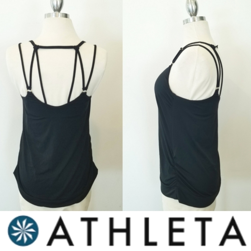 ATHLETA Aqualuxe Molded Cup Tankini Top Strappy Black Swim Side Ruching Athletic